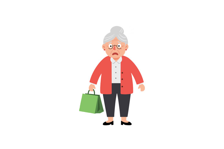Elderly woman with shopping bag in flat vector illustration example image 1