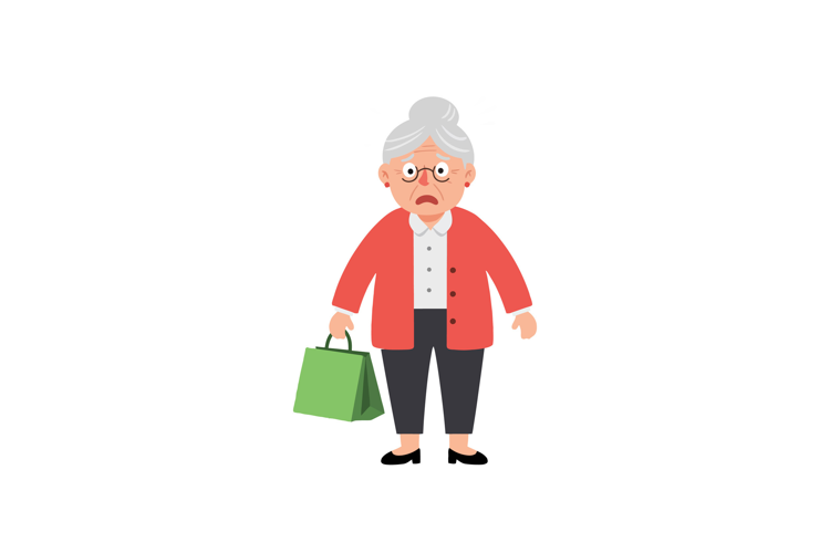 Elderly woman with shopping bag in flat vector illustration