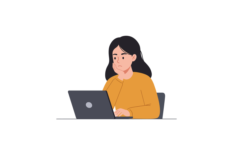 Woman working on laptop with thoughtful expression in flat v
