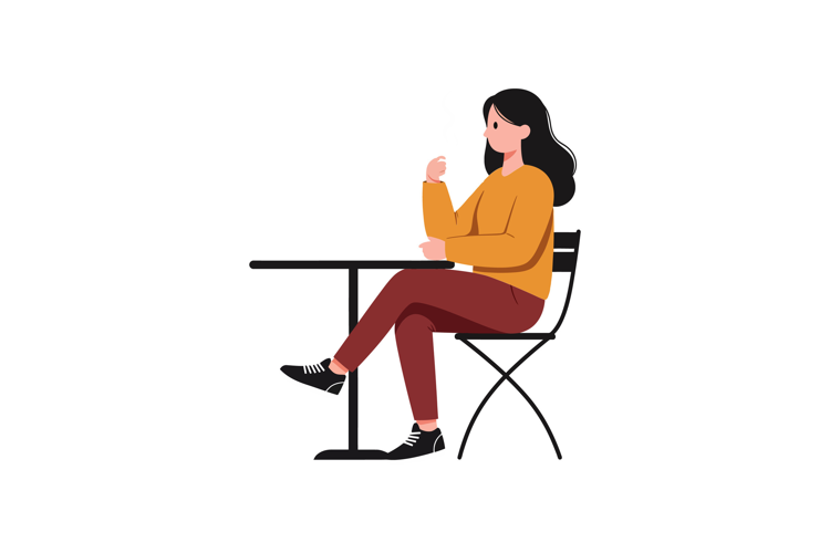 Woman sitting at a table in minimal vector illustration styl