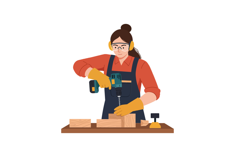 Woman using a power drill in a workshop detailed vector illu