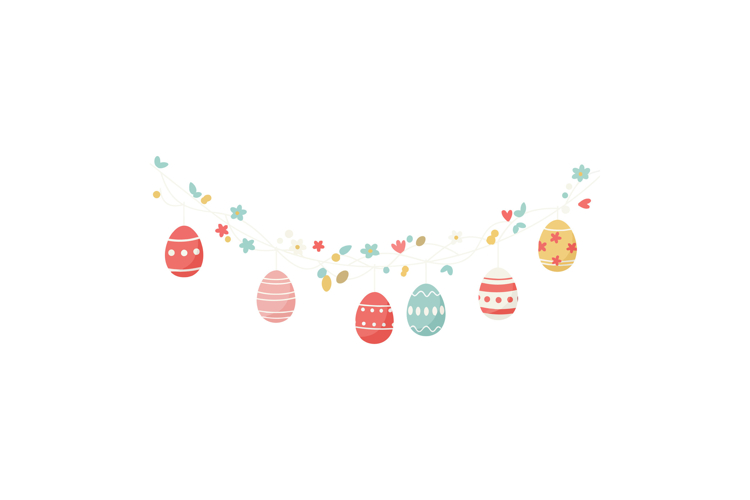 Colorful Easter eggs hanging with flowers in flat vector art
