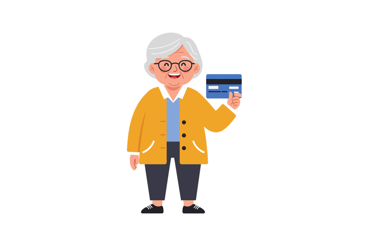 Elderly woman holding a credit card in flat vector art