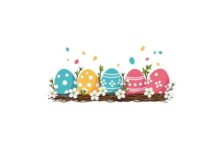 Colorful decorated eggs in a nest with flowers, flat vector
