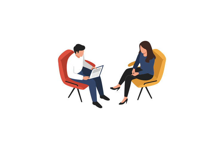 Two people engaged in conversation while sitting in colorful example image 1