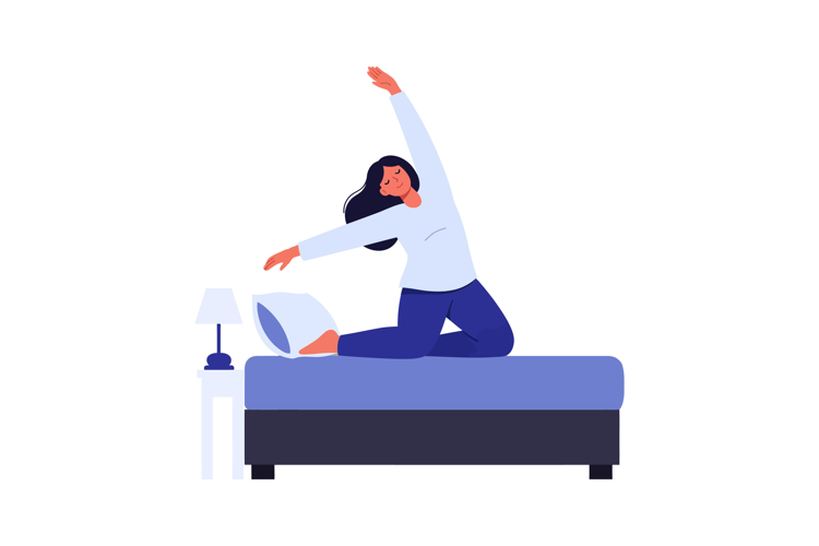 Woman stretching in bed in a minimal flat vector illustratio