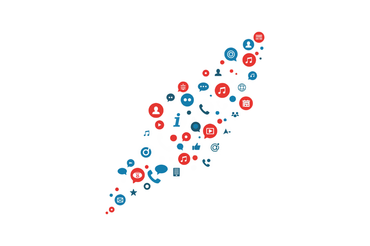 Communication symbols in red and blue flat vector illustrati