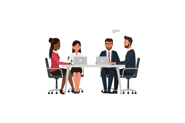 Group of professionals collaborating in a meeting with flat