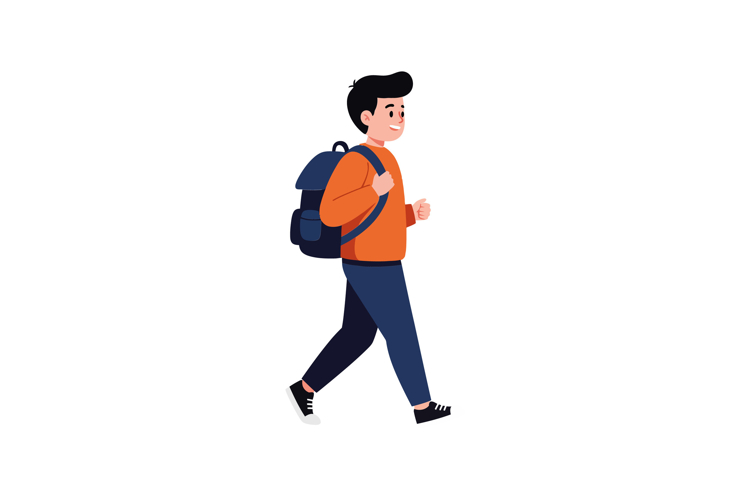 Young man walking with backpack in flat vector art style