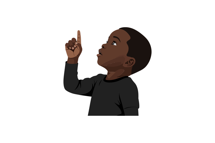 Young boy pointing upwards with curiosity in flat vector ill