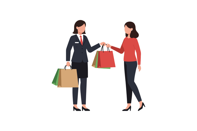 Two women exchanging shopping bags in flat vector illustrati