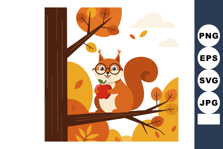 Squirrel wearing glasses eating red apple on tree with autum