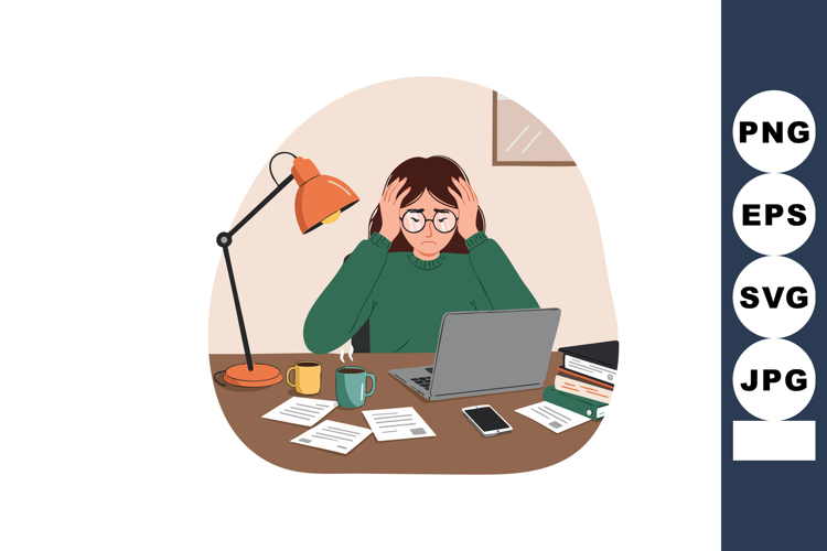 Woman with glasses stressed at desk with laptop and paperwor