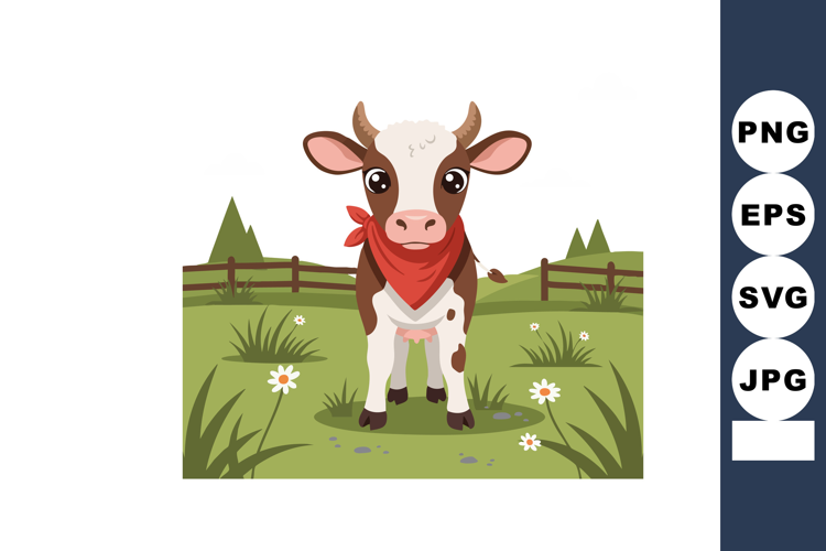 Cute calf with red scarf standing in green meadow with flowe