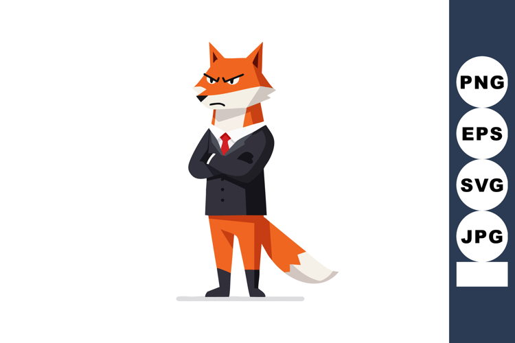 Fox character wearing black suit and red tie with confident