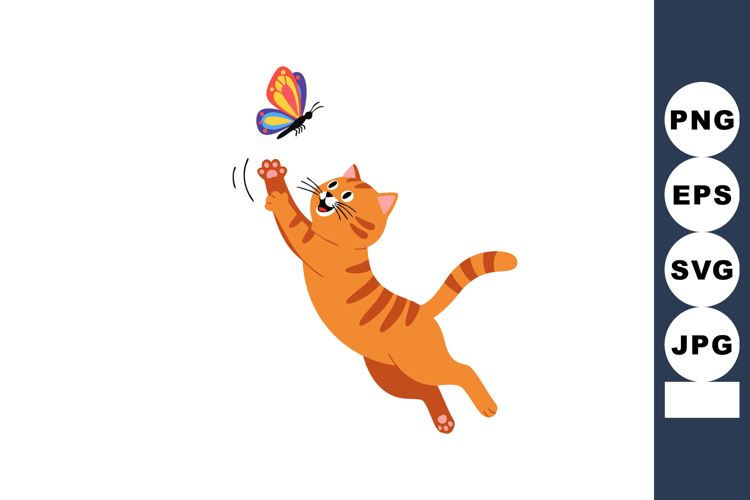 Orange tabby cat jumping playing with colorful butterfly vec