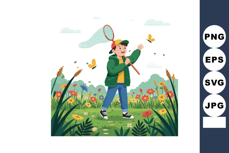 Boy catching butterflies with net outdoors in colorful flowe