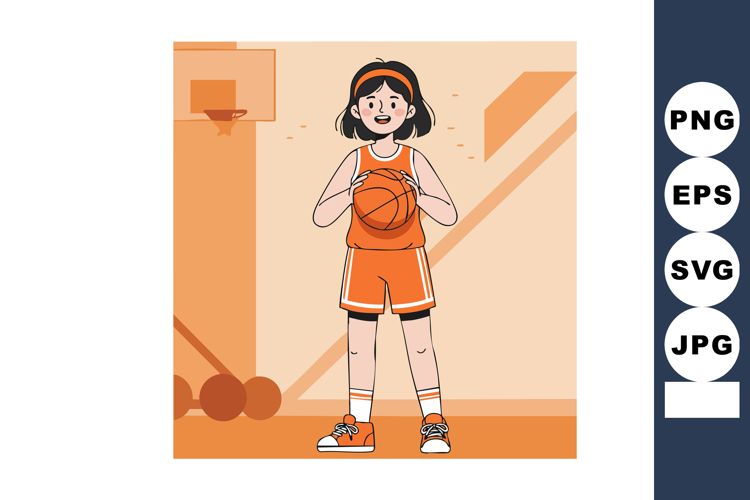Girl basketball player in orange sportswear holding ball on