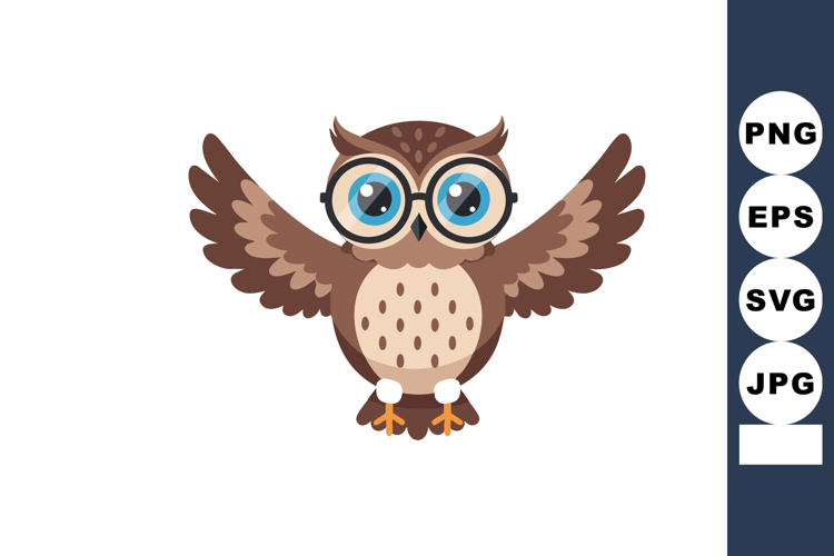 Cute owl with glasses cartoon character spreading wings vect