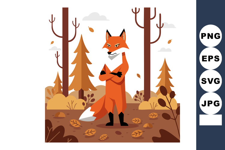 Fox standing in autumn forest with falling leaves and brown