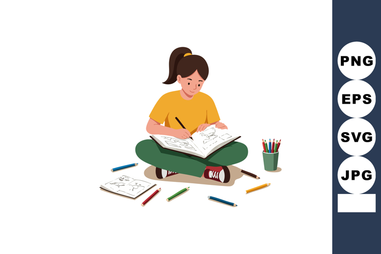 Girl sitting cross-legged drawing in sketchbook with colored