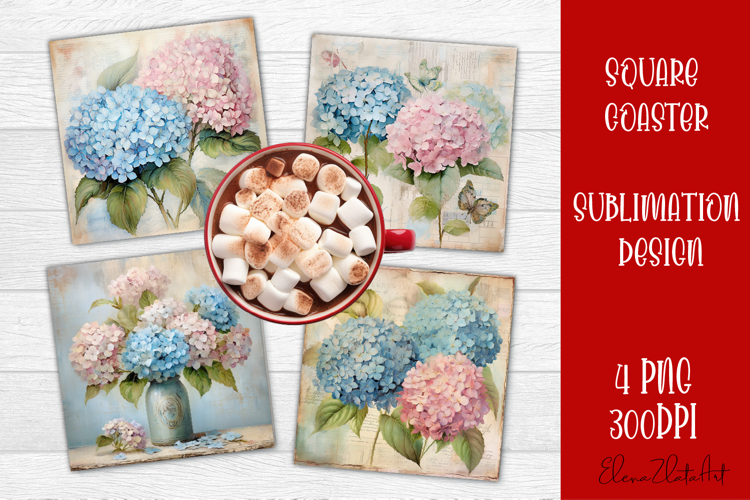 Hydrangea Sublimation Square coaster design Watercolor