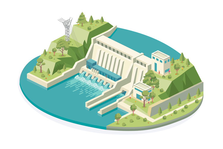 Water dam. Hydroelectric power station.
