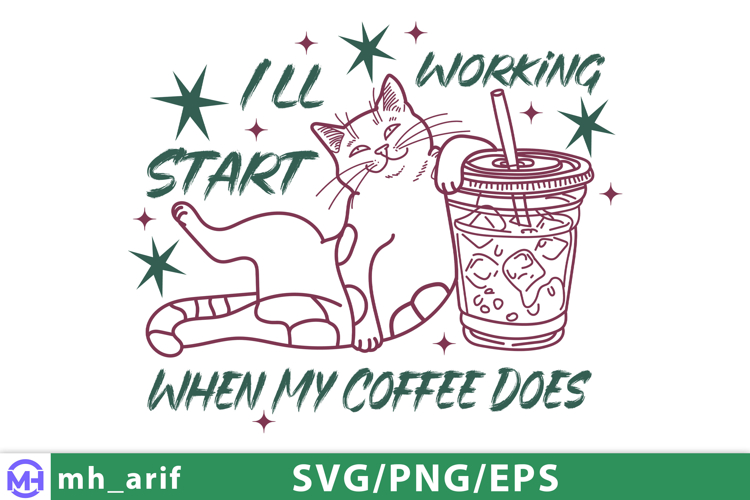 Cat Iced Coffee Funny Hand-drawn PNG SVG Design
