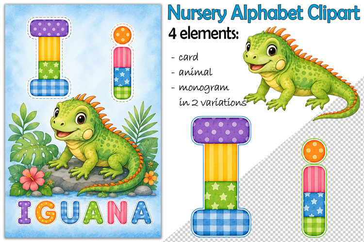 Nursery Alphabet Clipart, Flashcard Letter I, Monogram PNG
