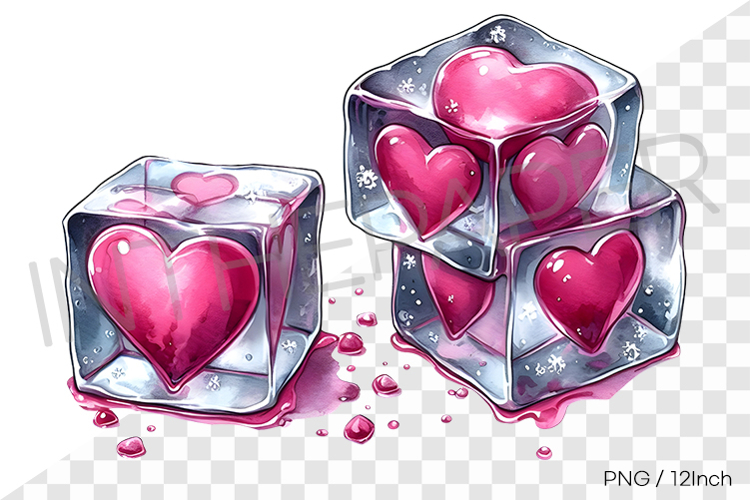 Lovely ice cubes with pink hearts frozen inside watercolor