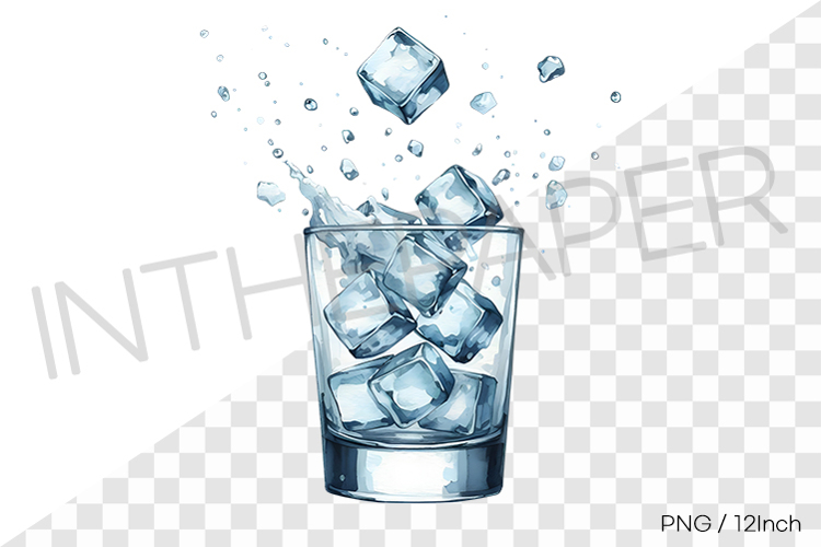 Ice cube splashing into a glass cup with droplets PNG illust