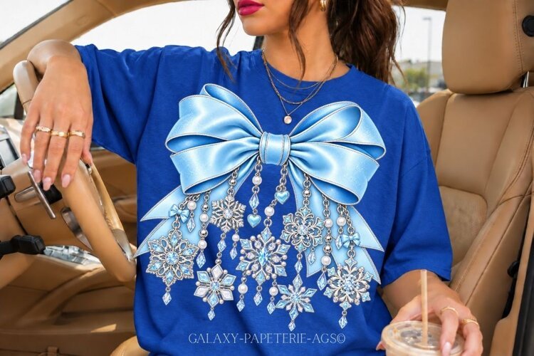 Blue Snowflake Bow PNG with Icy Crystal Effect example image 1