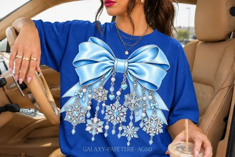 Blue Snowflake Bow PNG with Icy Crystal Effect