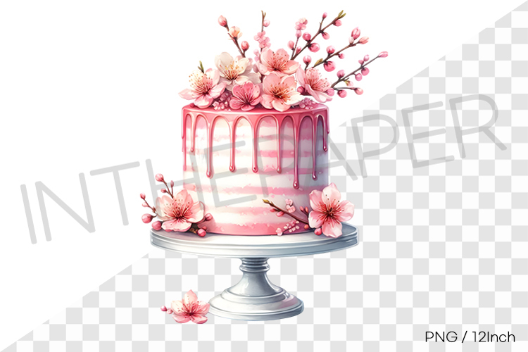 Pink cherry blossom ice cream cake PNG dessert art illust