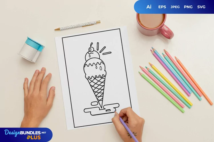 Ice Cream on Waffle Cone Coloring Page
