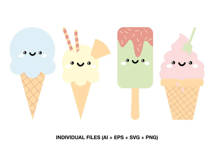Kawaii Ice Cream Clipart with Cute Cones and Popsicle
