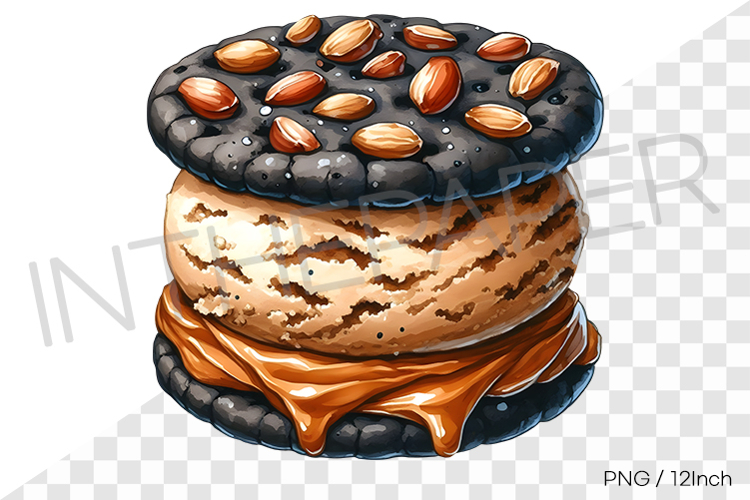 Nutty dark cookie caramel ice cream sandwich PNG dessert art