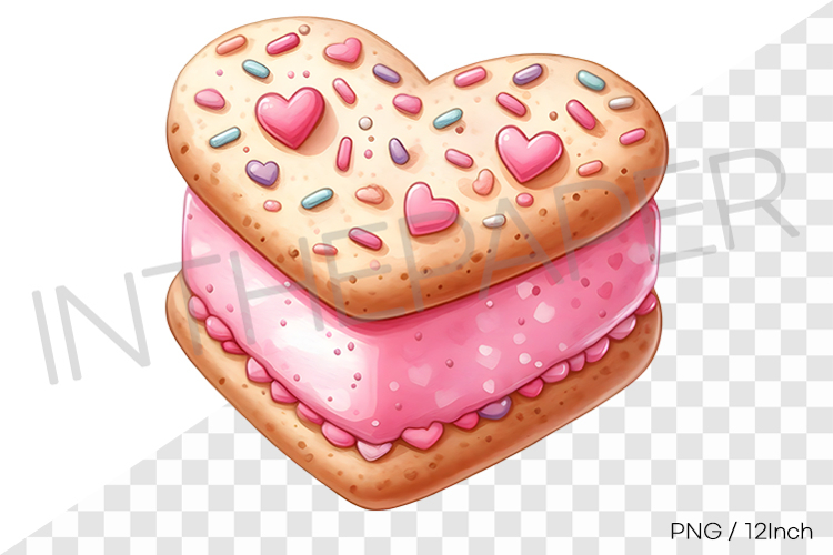 Heart shaped pink strawberry ice cream sandwich PNG dessert