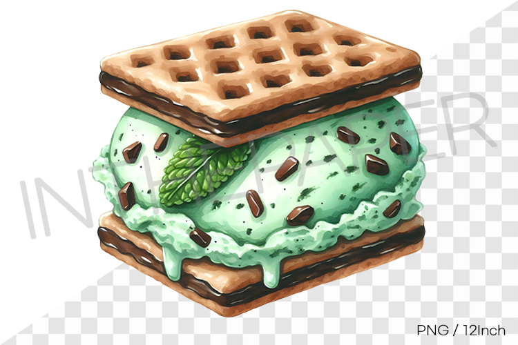 Crispy waffle mint chocolate chip ice cream sandwich PNG art