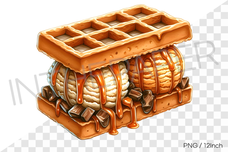 Thick waffle caramel sauce ice cream sandwich PNG dessert