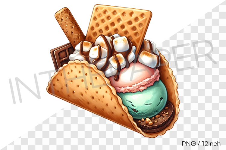 Mint pink waffle marshmallow ice cream taco PNG dessert art