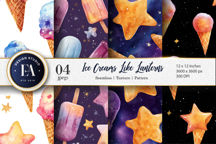 Watercolor Ice Cream Lanterns Glowing Seamless Digital Paper