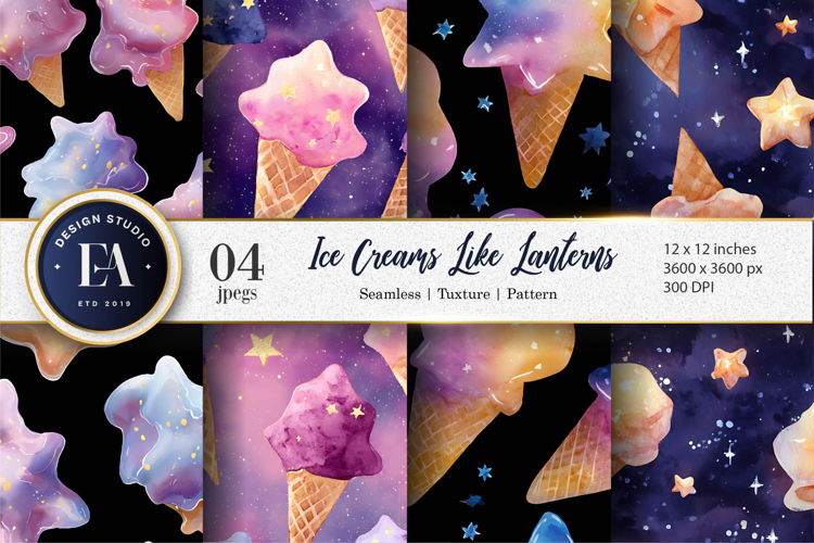 Glowing Lantern Ice Creams Watercolor Seamless Digital Paper