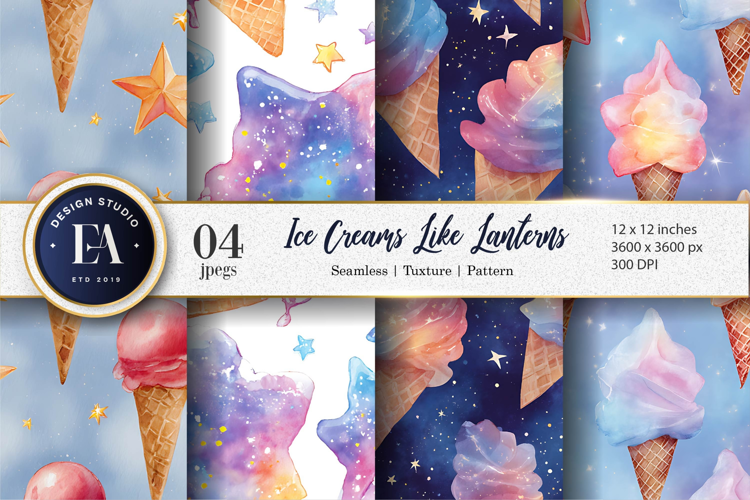 Seamless Watercolor Lantern Ice Cream Glowing Digital Paper