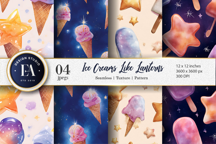 Watercolor Ice Cream Lanterns Glowing Seamless Digital Paper
