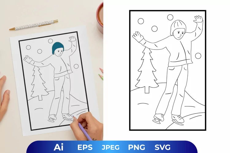 Boy Ice Skating in Winter Coloring Page