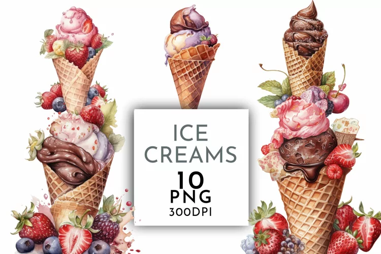 Ice cream Chocolate Strawberry | Watercolor Clipart PNG
