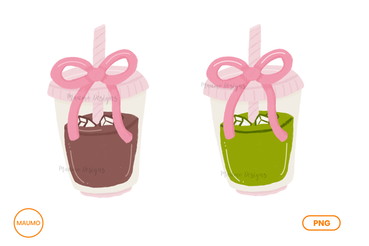 Iced coffee and iced matcha hand drawn png