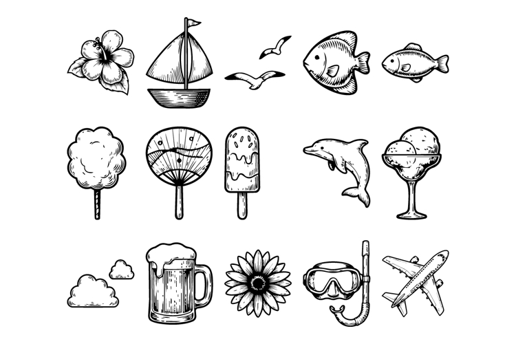 15 Icon Pack Bundle Summer Travel Engraving Style