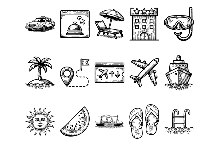 15 Icon Pack Bundle Summer Travel Engraving Style